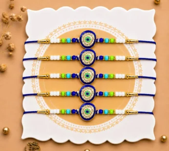 Designer Handcrafted Multicolor Rakhi for Brother with Roli Tikka, Pack of 5