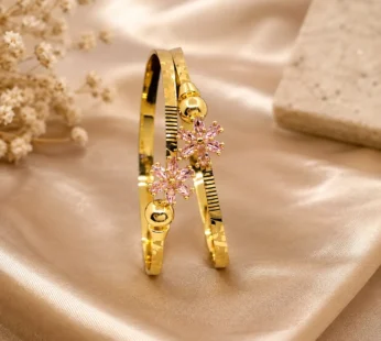 Designer Pink Crystal Blossom Golden Kadli Bracelet Set (Imitation Jewellery)