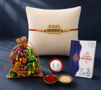 Designer Rakhi for Brother with Assorted Treats, Roli Tikka & Card, Pack of 5