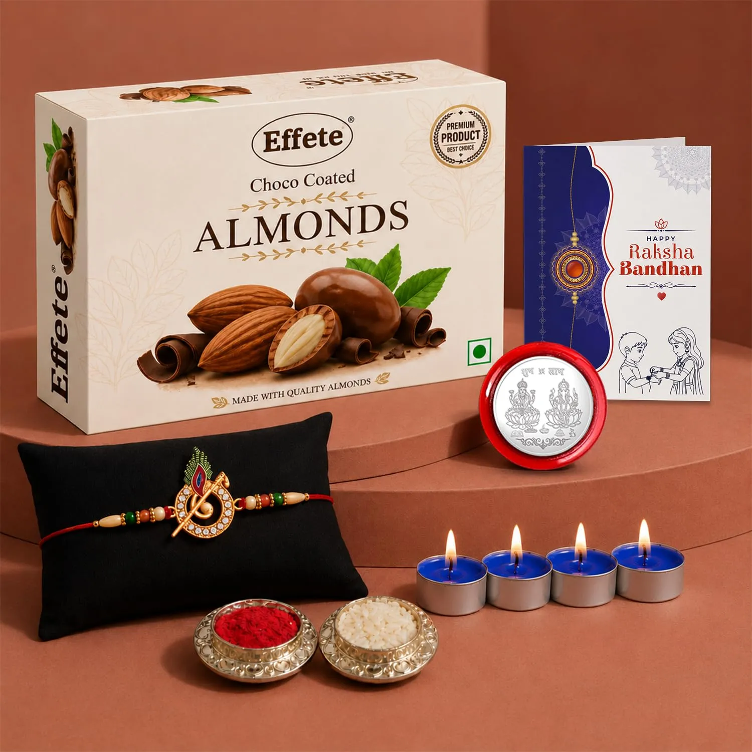 Premium Designer Rakhi for Brother with Choco Almonds 32gm, Roli Tikka & Card | Pack of 6 - Buy Online at Alikart