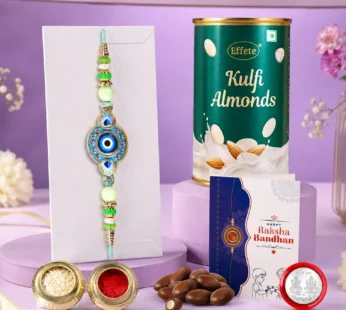 Designer Rakhi for Brother with Kulfi Almonds 96gm, Roli Chawal & Card, Pack of 5
