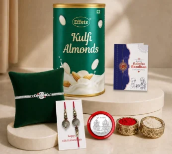 Designer Rakhi for Brother with Kulfi Almonds 96gm, Roli Tikka & Card, Pack of 6