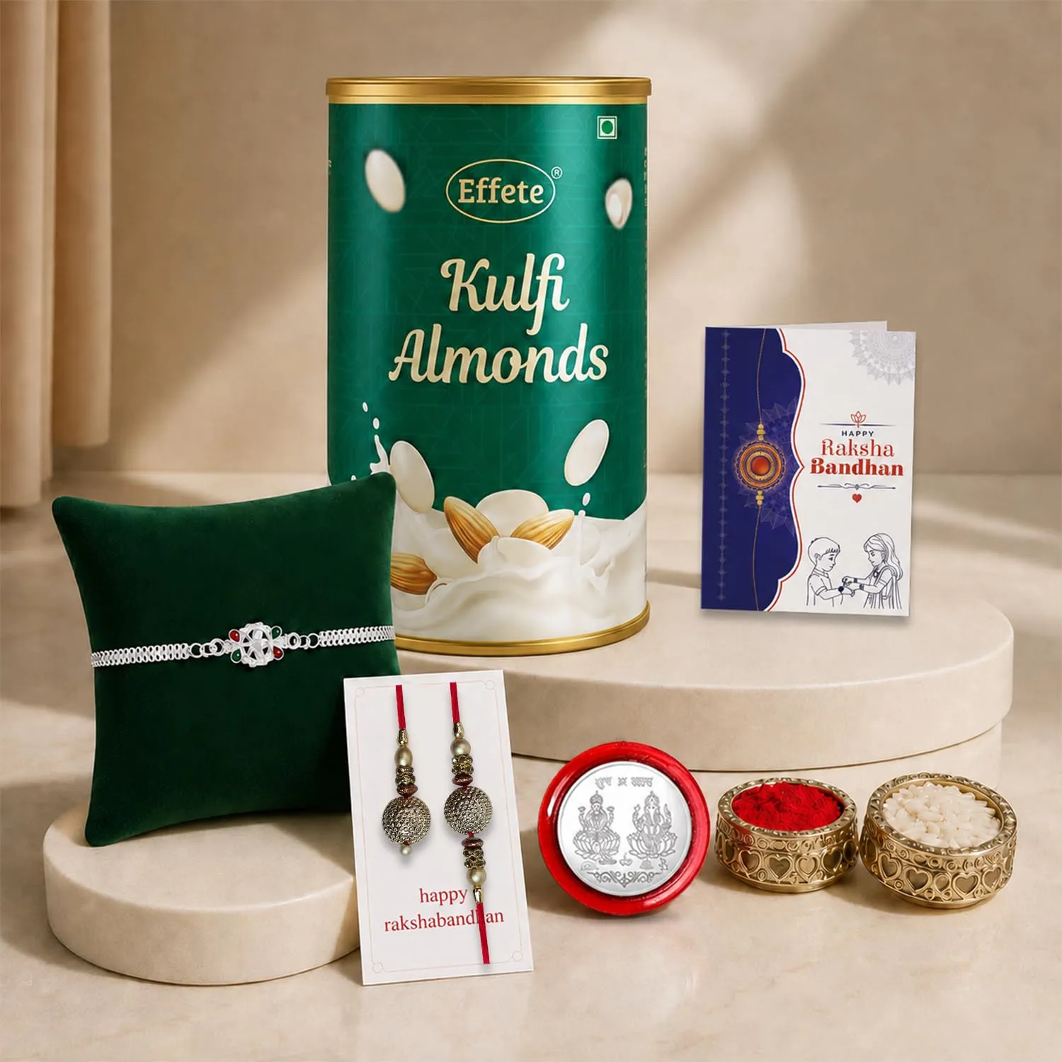 Premium Designer Rakhi for Brother with Kulfi Almonds 96gm, Roli Tikka & Card, Pack of 6 - Buy Online at Alikart