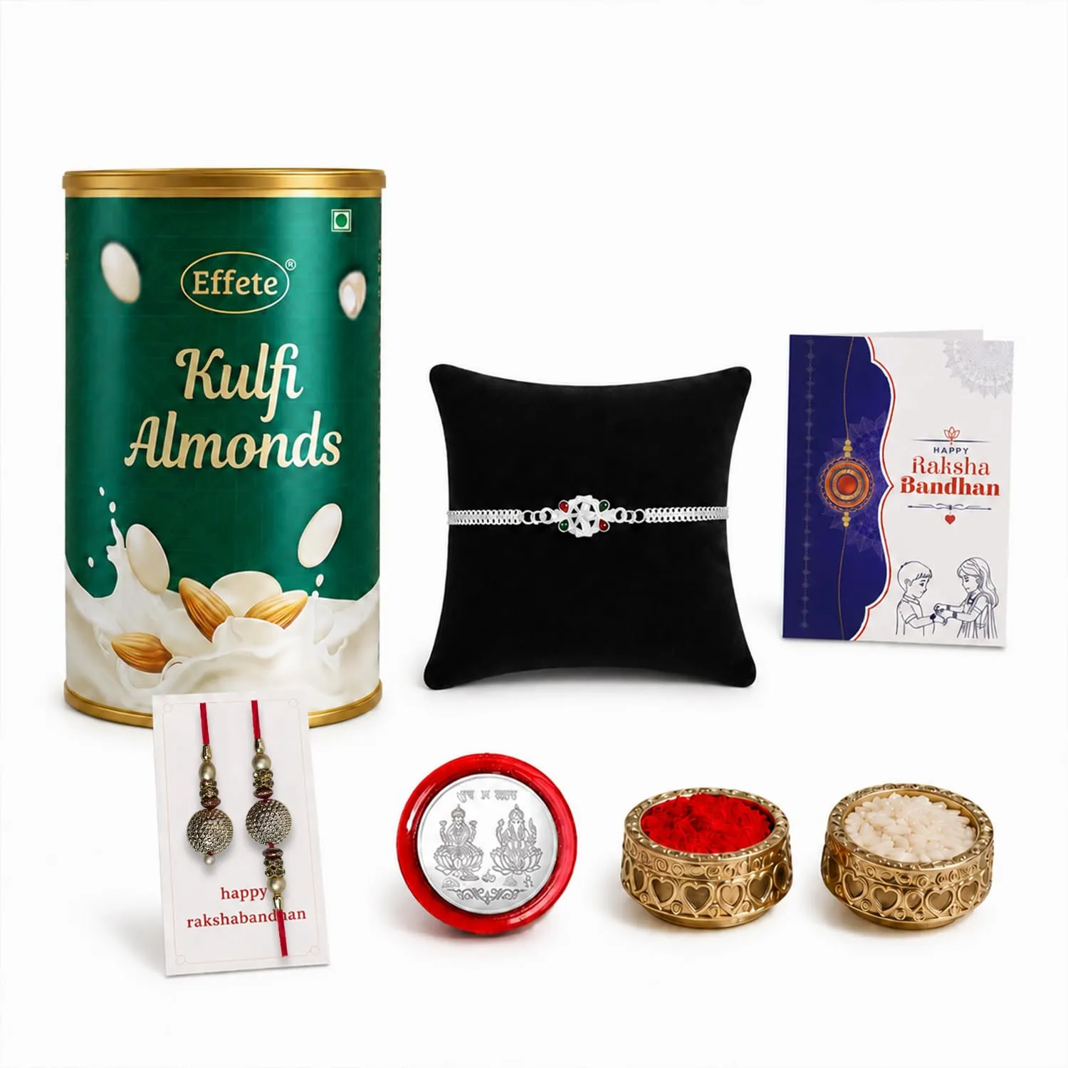 Designer Rakhi for Brother with Kulfi Almonds 96gm, Roli Tikka & Card, Pack of 6 - Detailed Feature View 1