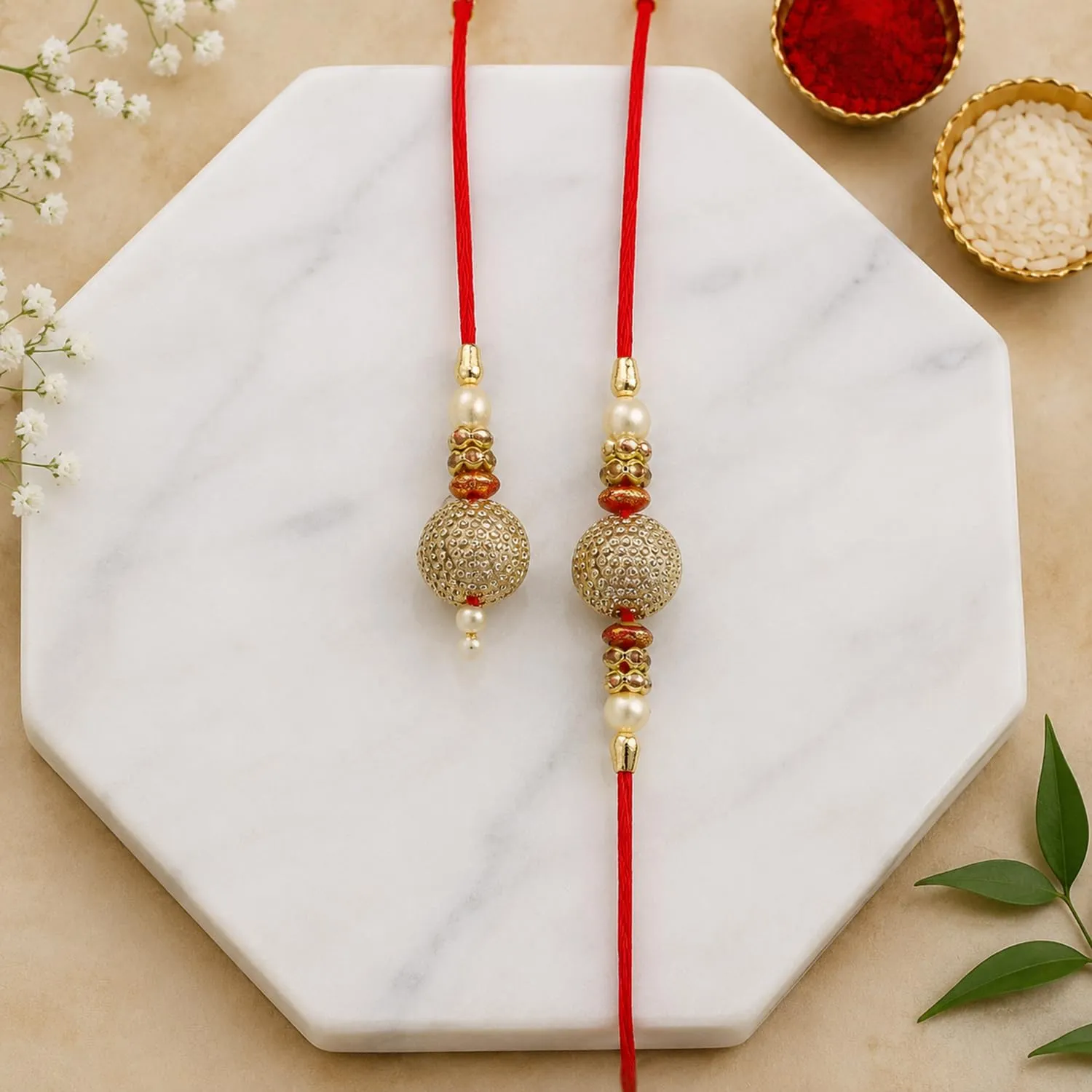 Designer Rakhi for Brother with Kulfi Almonds 96gm, Roli Tikka & Card, Pack of 6 - Detailed Feature View 2
