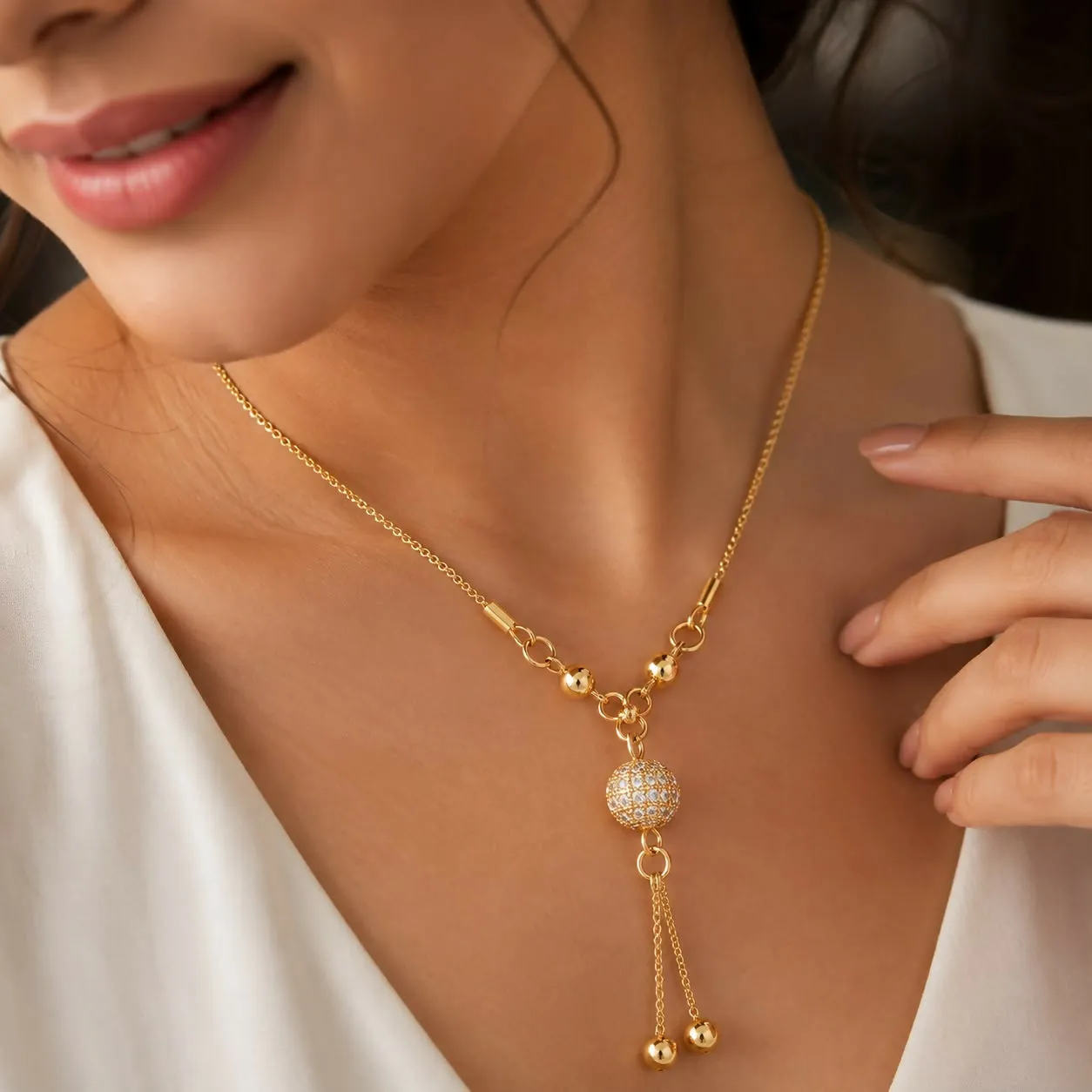 Gold Tone Crystal Ball Tassel Pendant Necklace for Women Elegant Fashion Jewelry Chain - Detailed Feature View 2