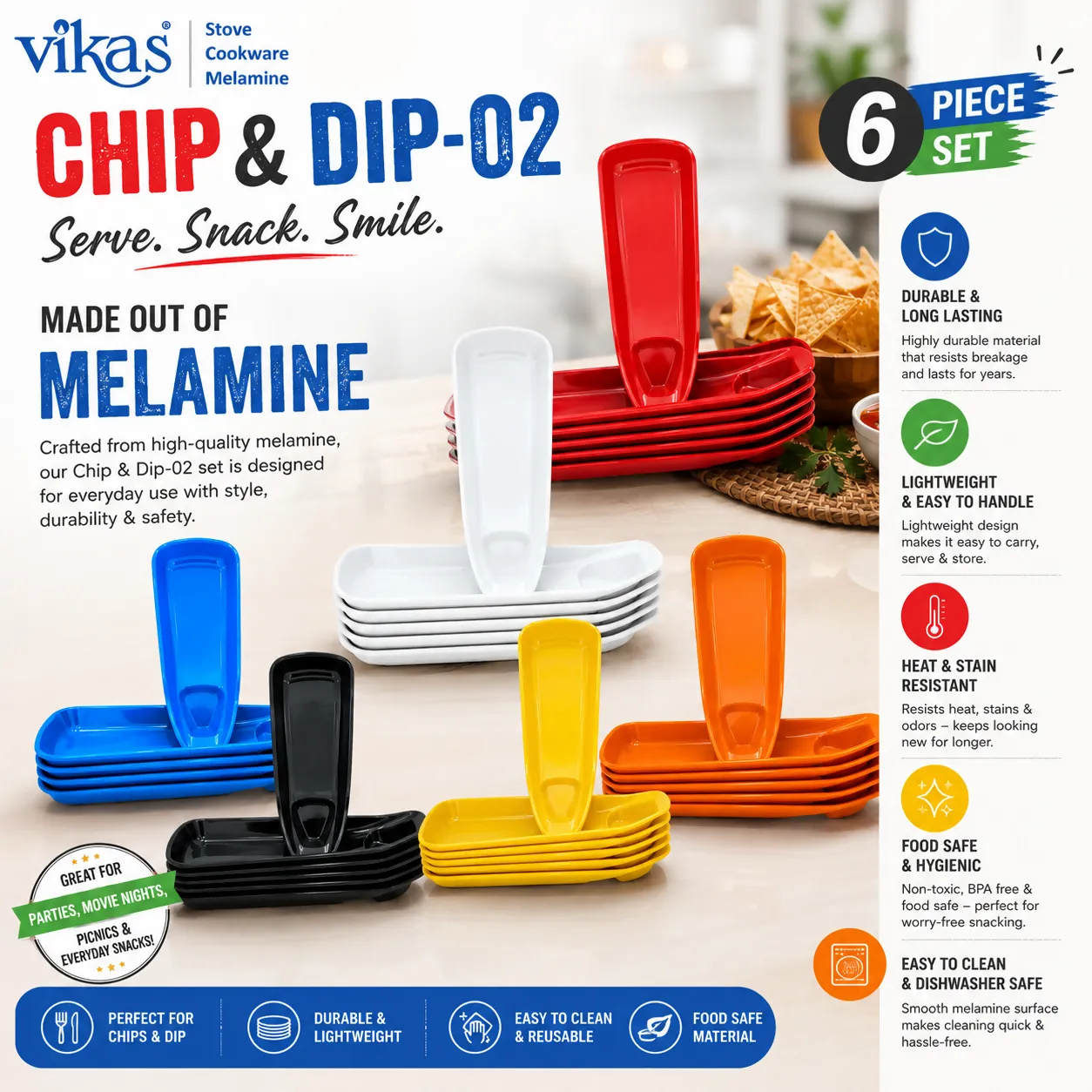 Premium Melamine Chip & Dip Serving Tray Set – Vibrant and Durable for Anytime Snacking - Buy Online at Alikart