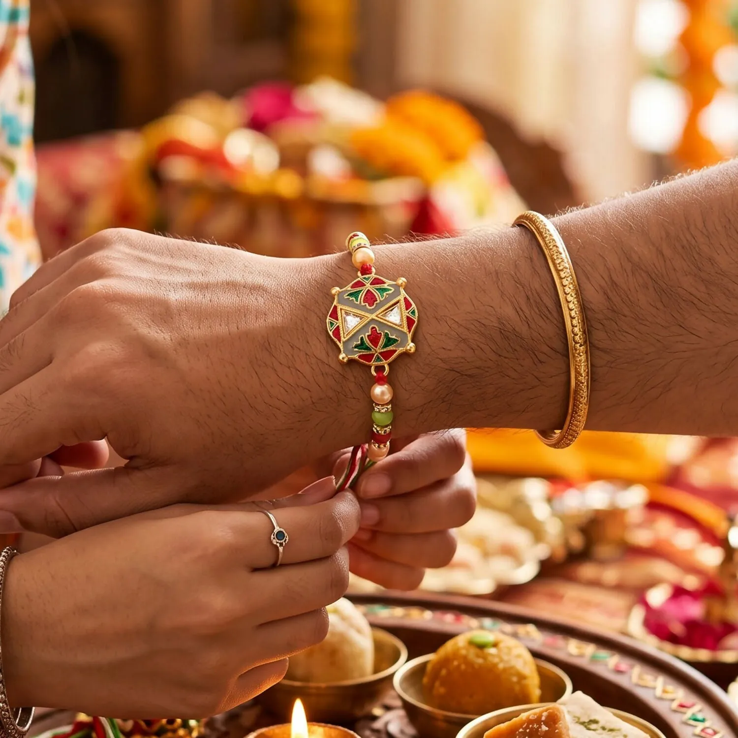 Traditional Rakhi For Brother With Colorful Beads And Elegant Centerpiece Design - Detailed Feature View 7