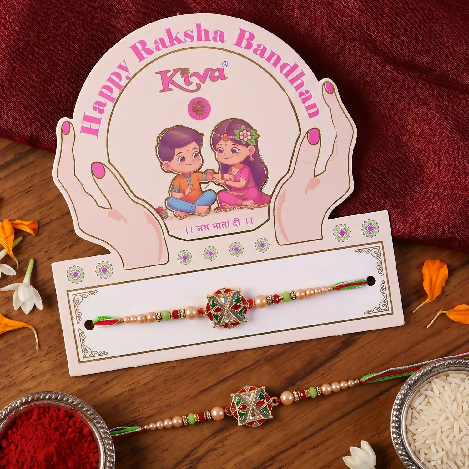 Traditional Rakhi For Brother With Colorful Beads And Elegant Centerpiece Design - Detailed Feature View 6