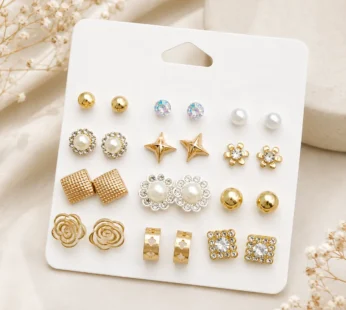 12-Pair Gold & Pearl Stud Earring Combo Set – Floral, Geometric & Crystal Designs