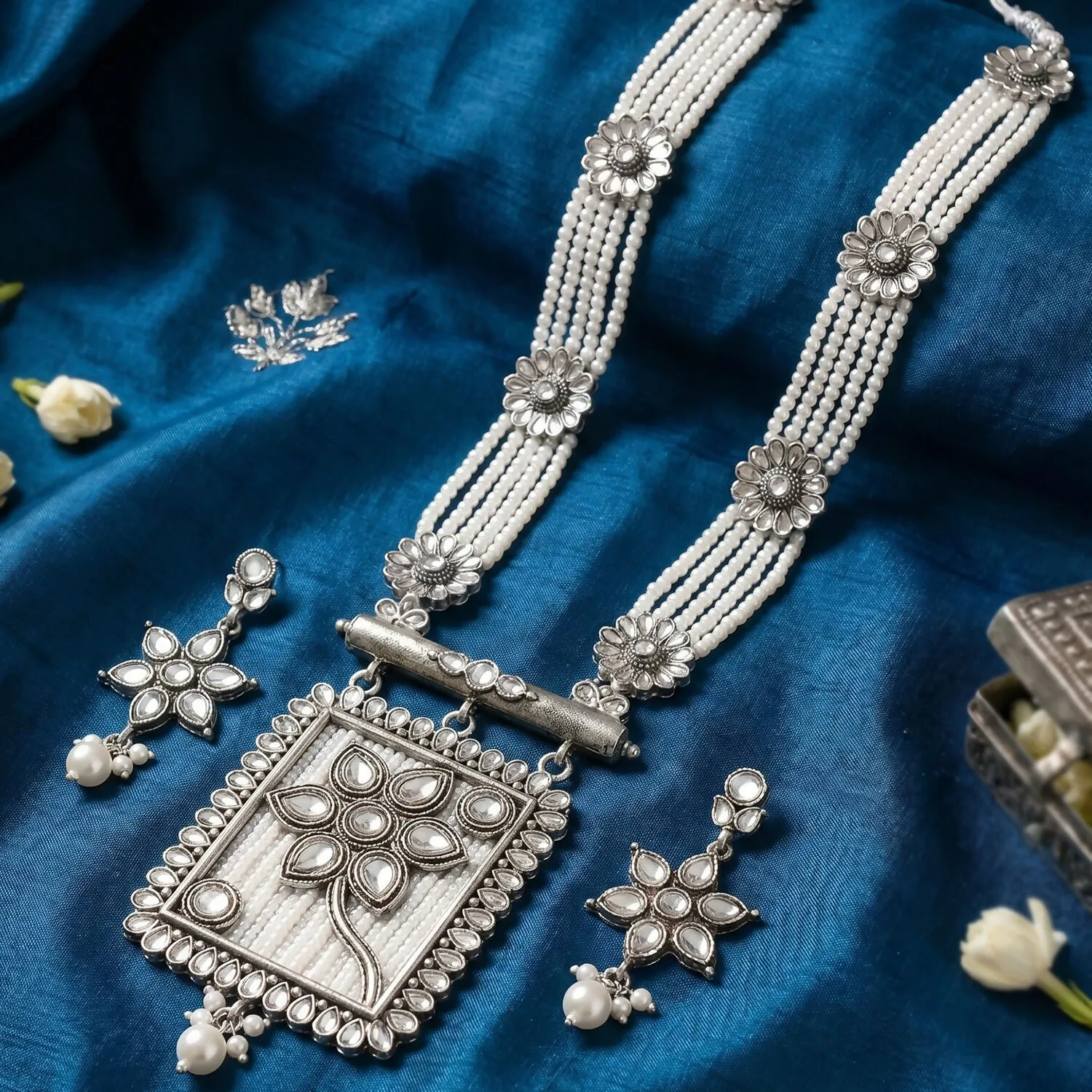 Silver & Pearl Necklace Set – Elegant Floral Pendant & Earrings - Detailed Feature View 1