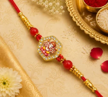 Spiritual Lord Ganesha Figure Designer Rakhi for Brother with Rhinestone Hexagon Border & Red Beads