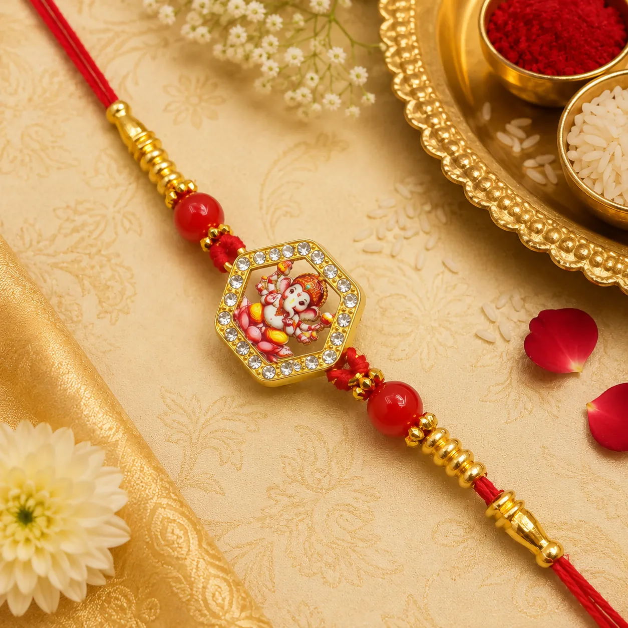Premium Spiritual Lord Ganesha Figure Designer Rakhi for Brother with Rhinestone Hexagon Border & Red Beads - Buy Online at Alikart