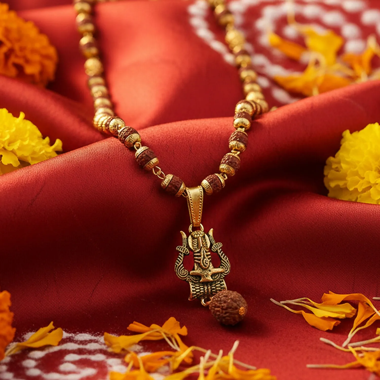 Gold Pendant Rudraksha Mala – Spiritual Trishul Shivling Necklace - Detailed Feature View 1