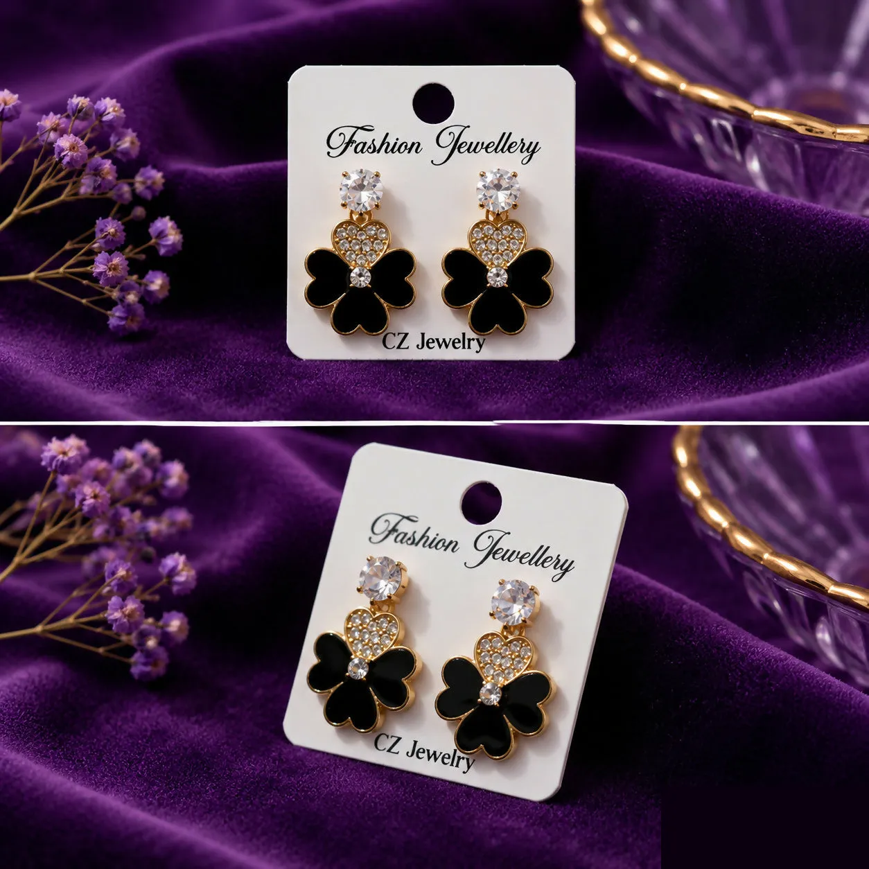 Premium Black Clover Charm Earrings with Heart-Shaped Crystal Accent and Gold-Tone Finish - Buy Online at Alikart