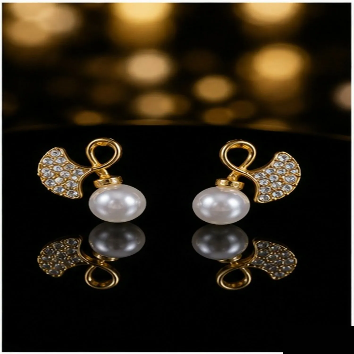 Premium Gold Plated Crystal Pearl Bow Stud Earrings for Women Elegant Party Jewelry Accessory - Buy Online at Alikart