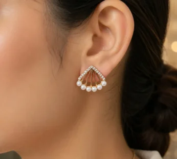 Gold-Tone Fan-Shaped Stud Earrings with Crystal Frame and Pearl Fringe for Women
