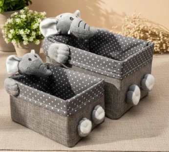 Fabric Toy Basket, for Home Storage, Elephant, Grey, Paper & Fabric, Set of 2