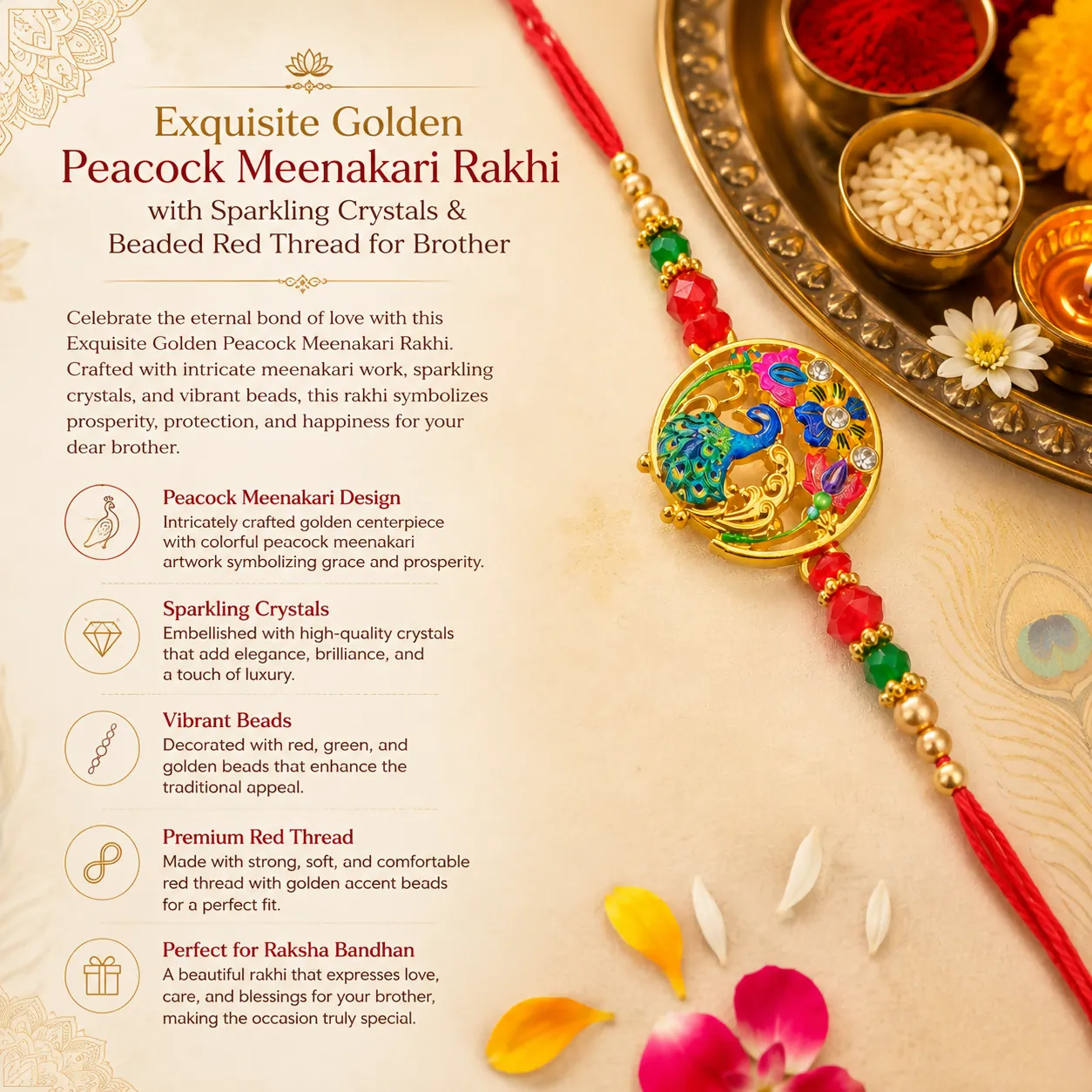 Exquisite Golden Peacock Meenakari Rakhi with Sparkling Crystals & Beaded Red Thread for Brother - Detailed Feature View 3