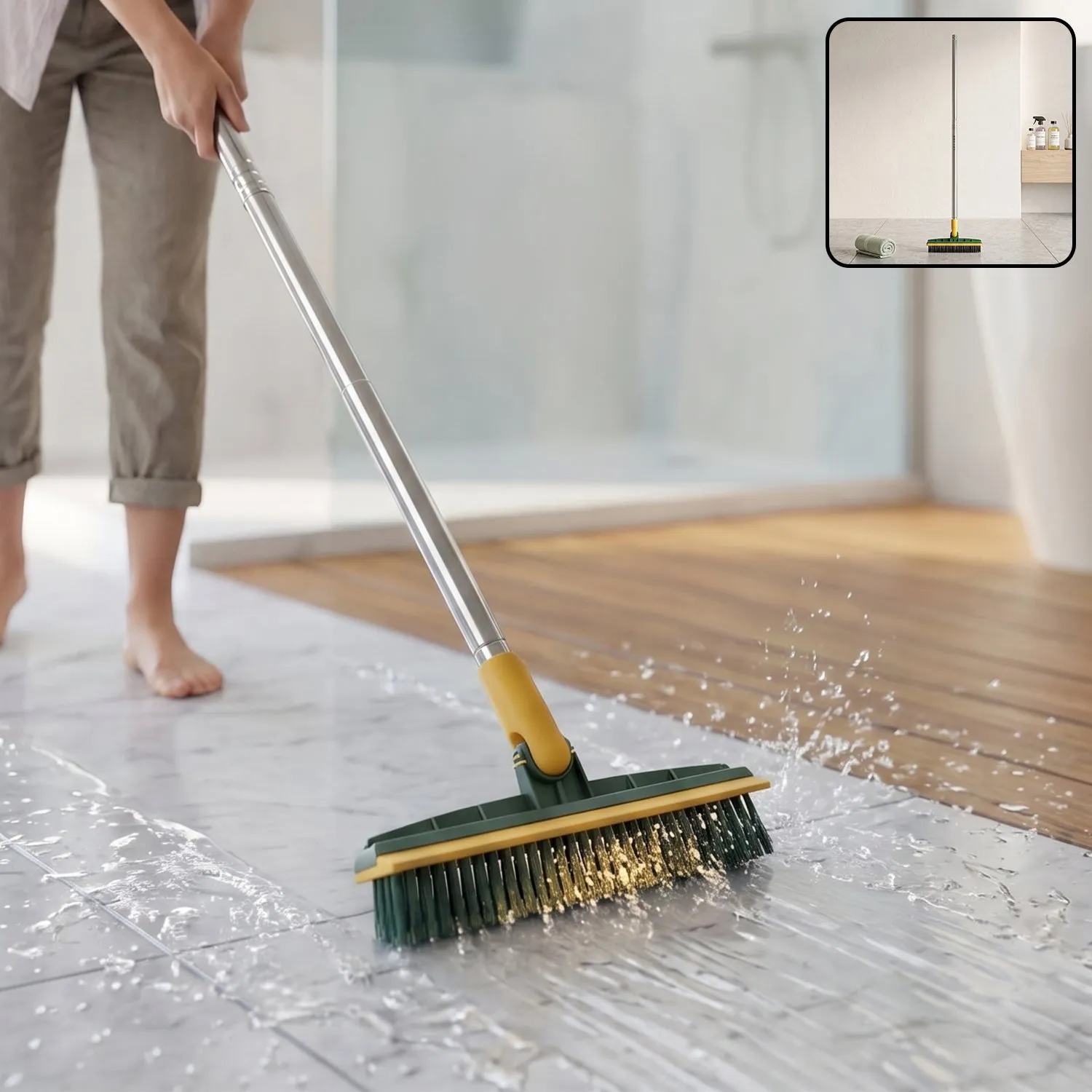 Premium 2 In 1 Long Handle Floor Scrubbing Brush with Wiper for Bathroom (1 Pc) - Buy Online at Alikart