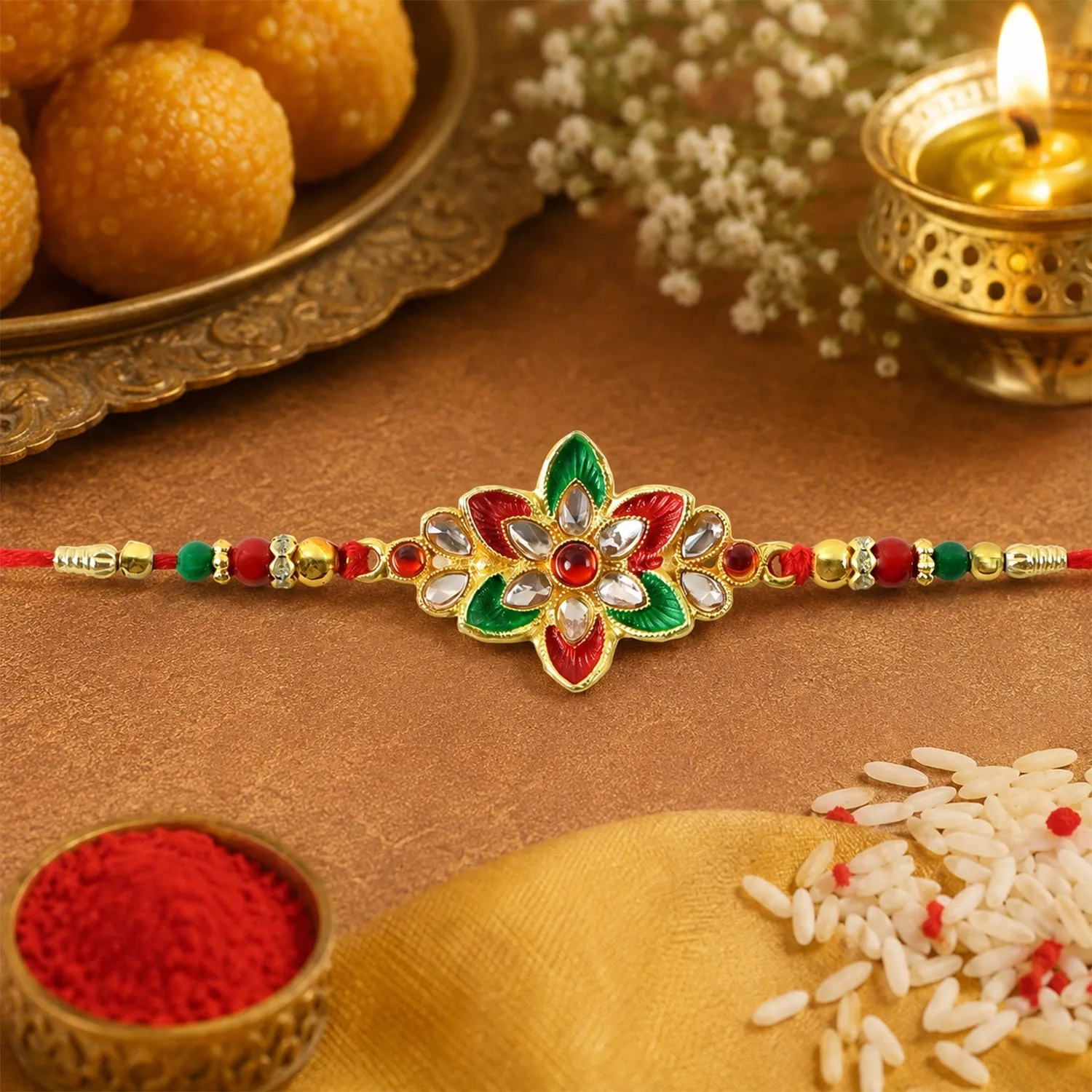 Floral Meena Stone Rakhi Design for Raksha Bandhan Celebration (10pcs) - Detailed Feature View 1