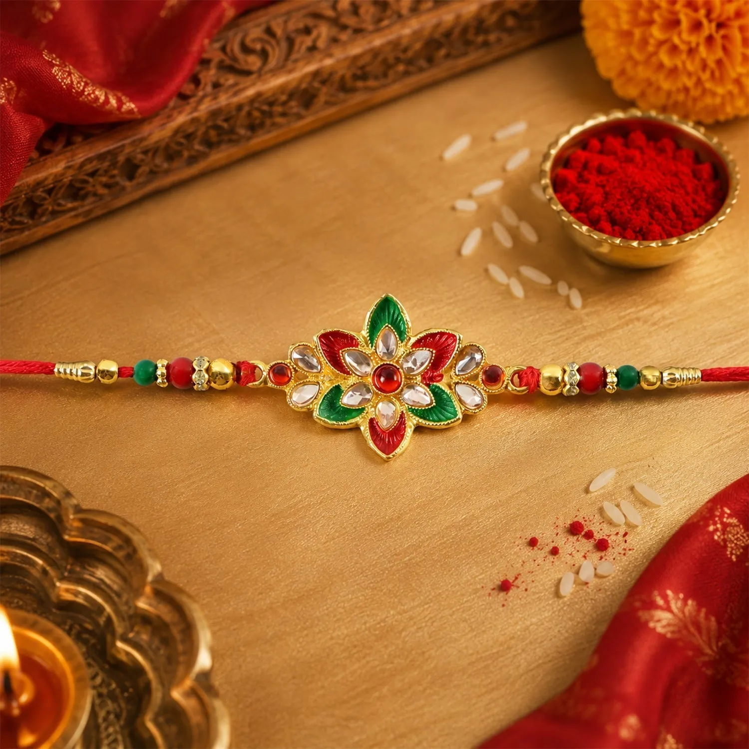 Floral Meena Stone Rakhi Design for Raksha Bandhan Celebration (10pcs) - Detailed Feature View 2