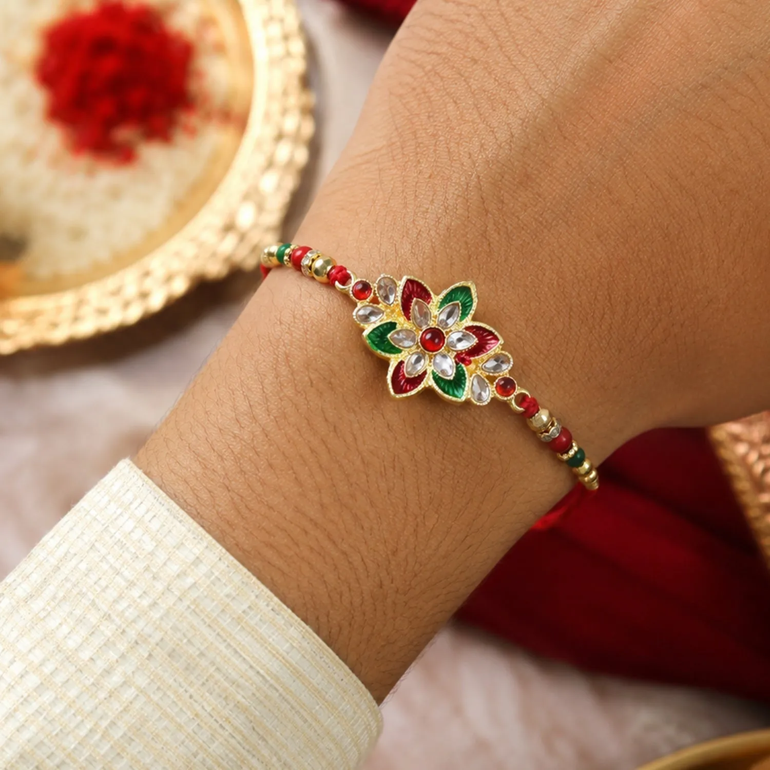 Floral Meena Stone Rakhi Design for Raksha Bandhan Celebration (10pcs) - Detailed Feature View 3