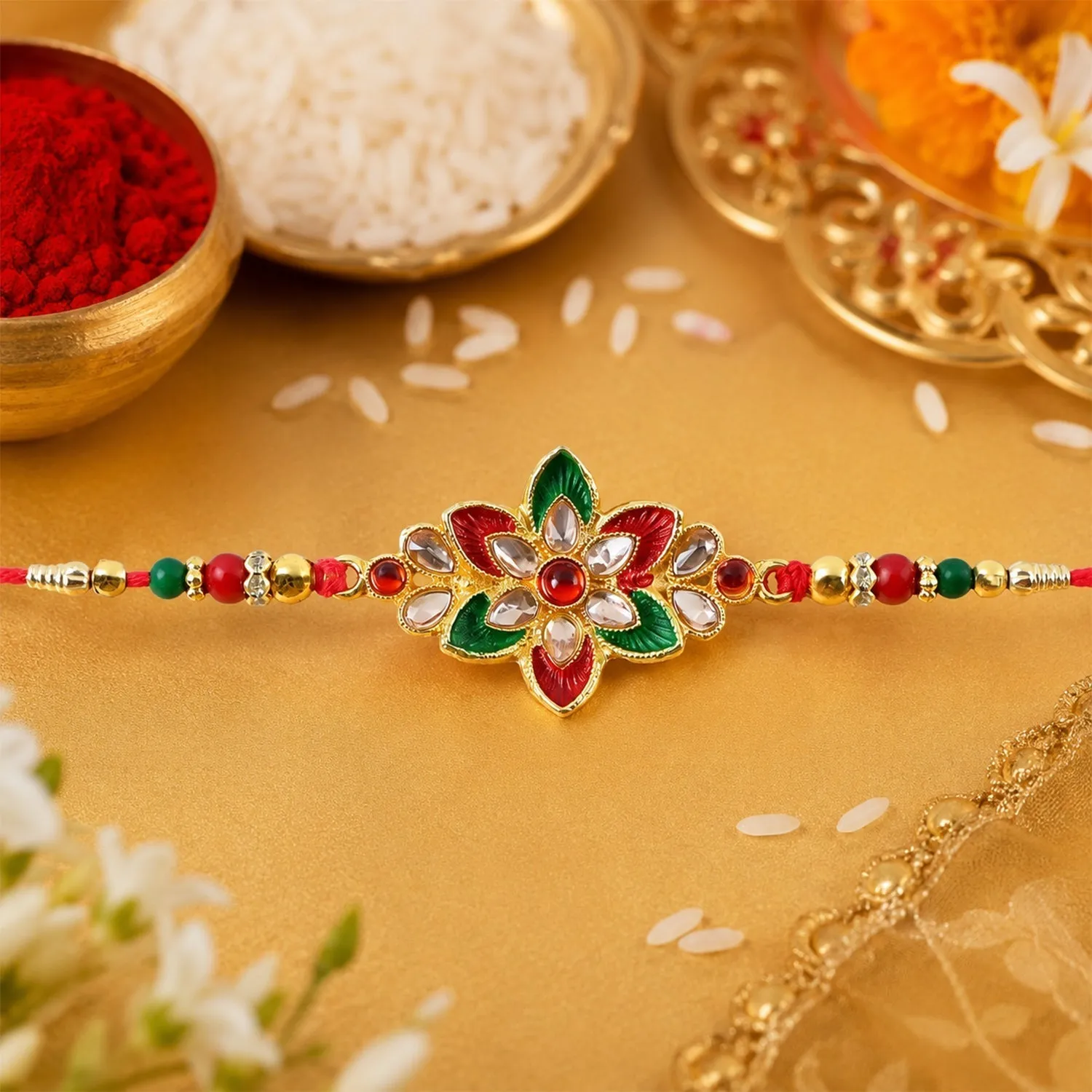 Floral Meena Stone Rakhi Design for Raksha Bandhan Celebration (10pcs) - Detailed Feature View 4