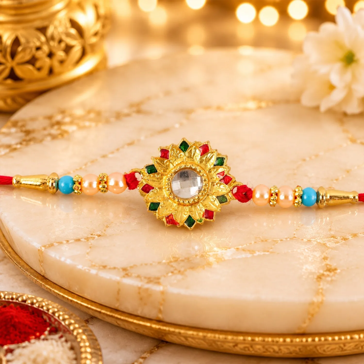 Floral Mirror Rakhi Traditional Brother Gift for Raksha Bandhan (10pcs) - Detailed Feature View 1