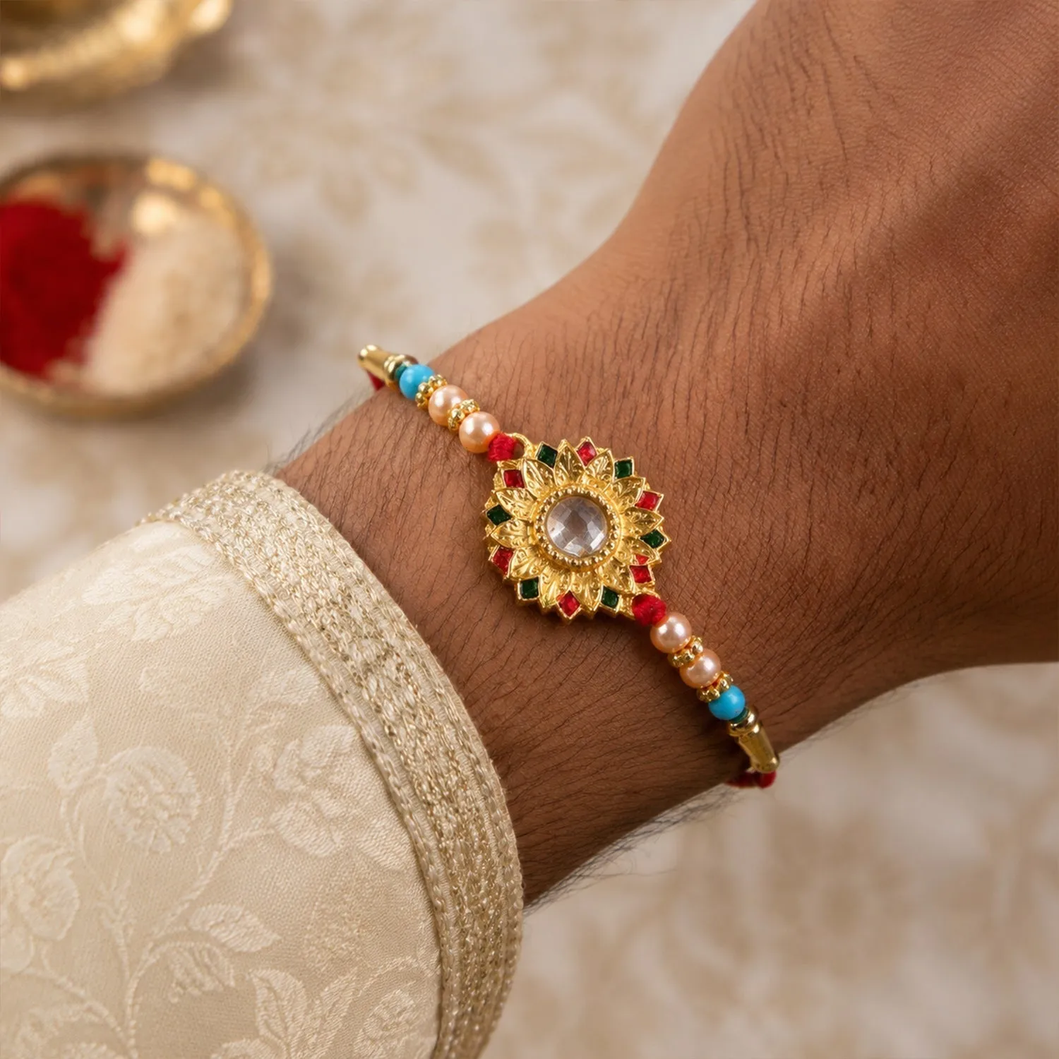 Floral Mirror Rakhi Traditional Brother Gift for Raksha Bandhan (10pcs) - Detailed Feature View 2