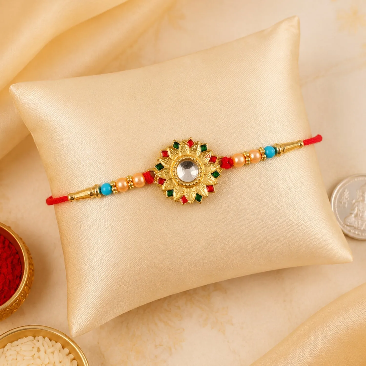 Floral Mirror Rakhi Traditional Brother Gift for Raksha Bandhan (10pcs) - Detailed Feature View 3