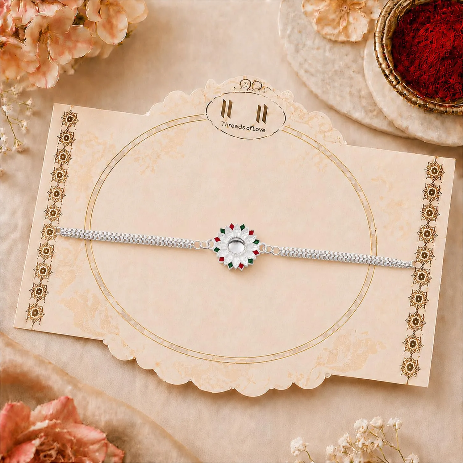 Flower Rakhi for Brother with Butter Scotch 32gm, Roli Tikka & Card | Pack of 5 - Detailed Feature View 1