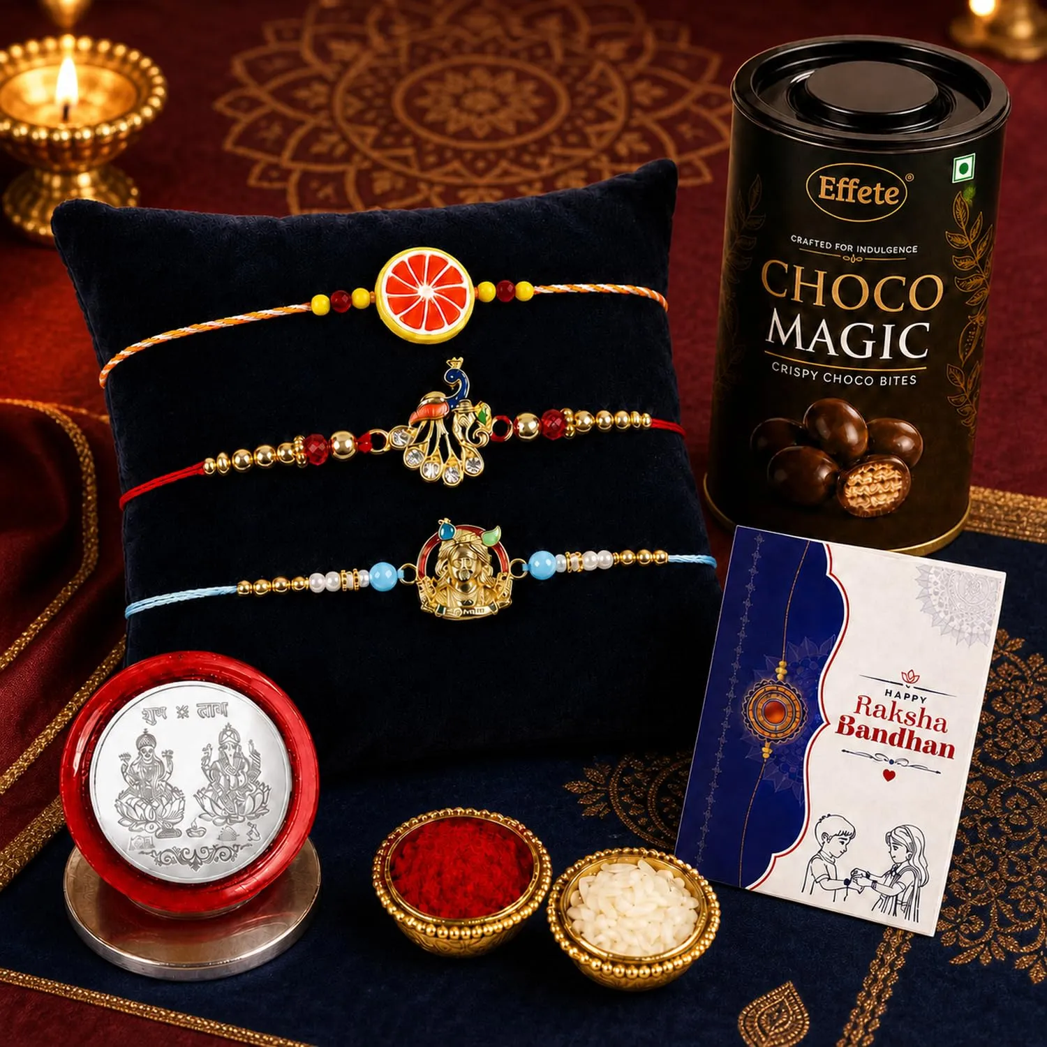 Premium Fruit Rakhi for Brother with Chocolate Magic 96gm, Roli Tikka & Card, Pack of 7 - Buy Online at Alikart
