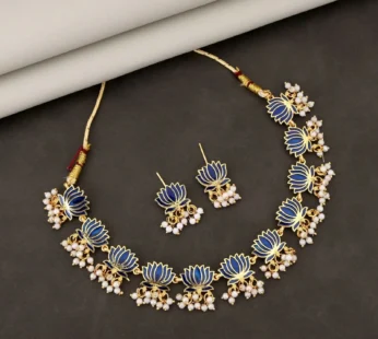 Gold Necklace with Blue Lotus & White Beads Pendant for Women Stylish Jewelry Set
