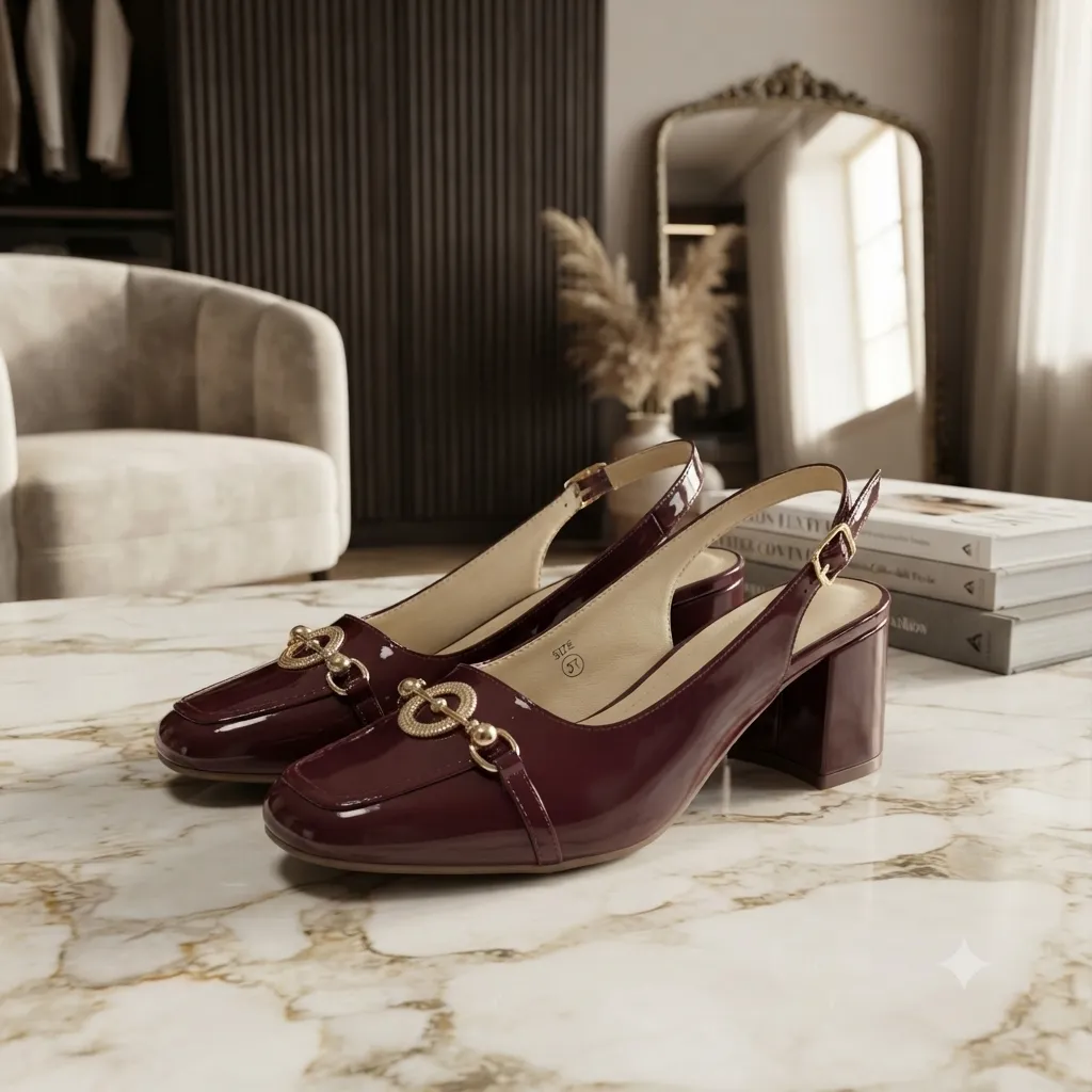Premium Women's Patent Slingback Block Heel Pumps | Closed Toe Formal Heels with Adjustable Buckle Strap | Comfortable Office, Party & Evening Shoes for Women - Buy Online at Alikart