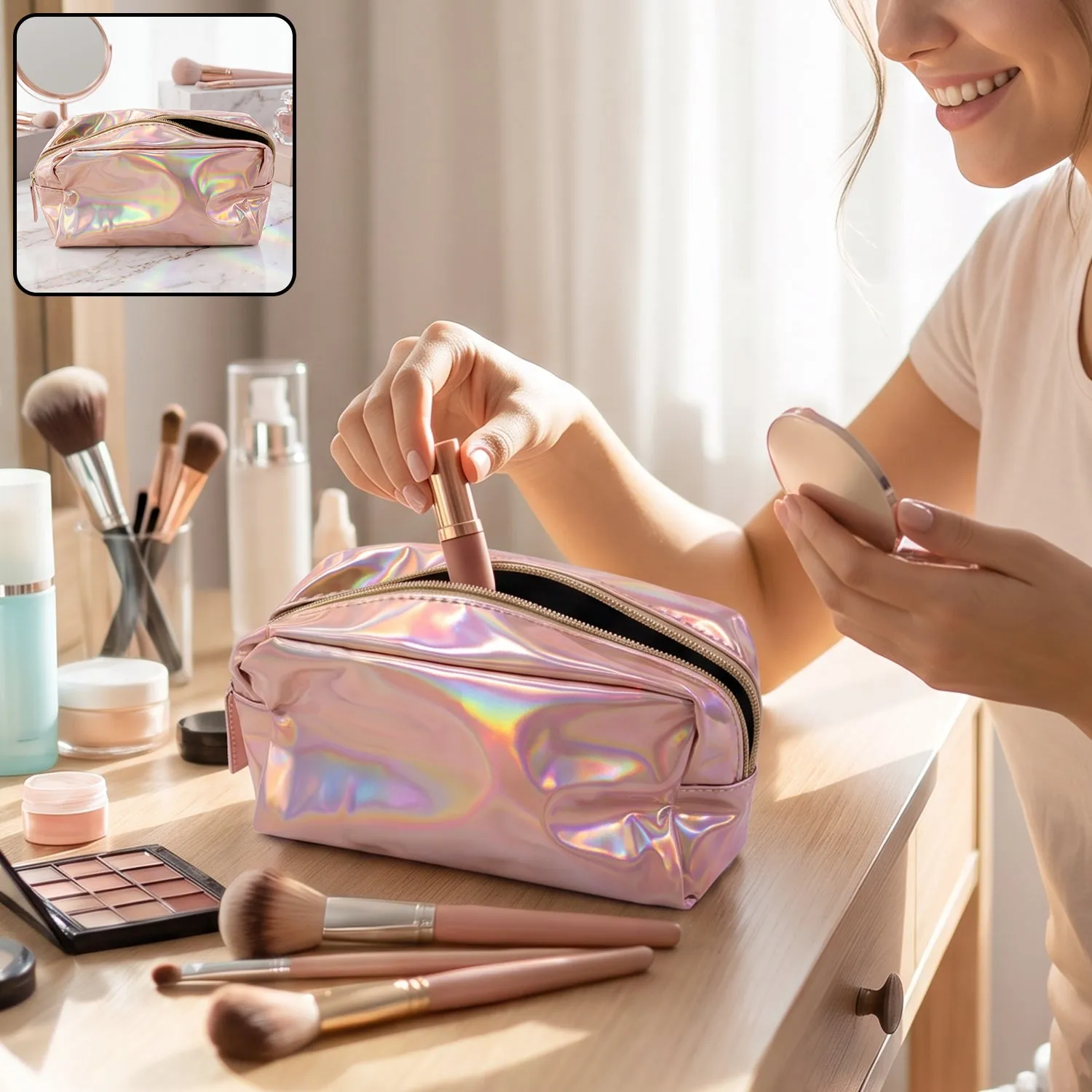 Premium Waterproof Travel Cosmetic Pouch Holographic Makeup Toiletry Bag (1 Pc) - Buy Online at Alikart