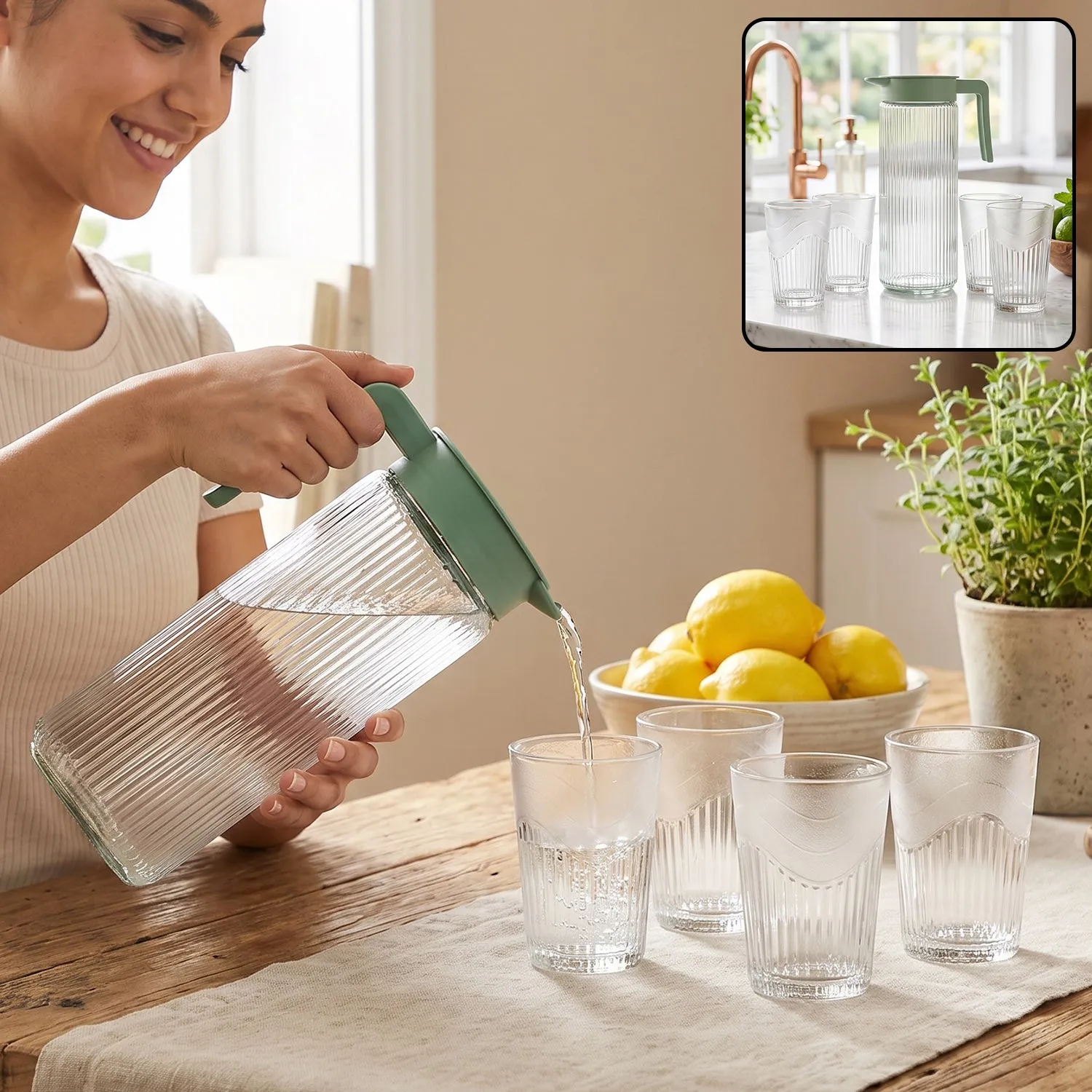 Premium Glass Water Jug with Lid and 4 Glasses Set Ribbed Pitcher Carafe (1 Set) - Buy Online at Alikart