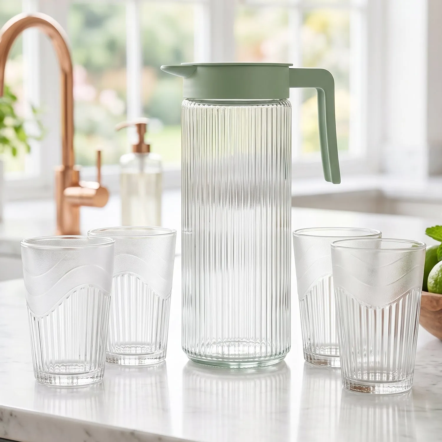 Glass Water Jug with Lid and 4 Glasses Set Ribbed Pitcher Carafe (1 Set) - Detailed Feature View 3