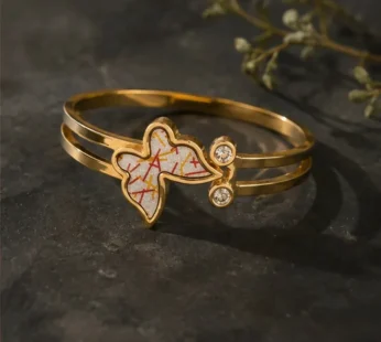 Gold Tone Printed Butterfly Open Bangle Bracelet with Crystal Accents for Women