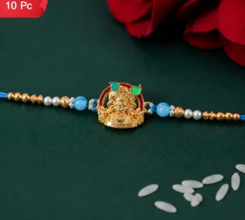 Gold-Toned Khatu Shyam Rakhi with Blue and Pearl Beads for Raksha Bandhan (10pcs)