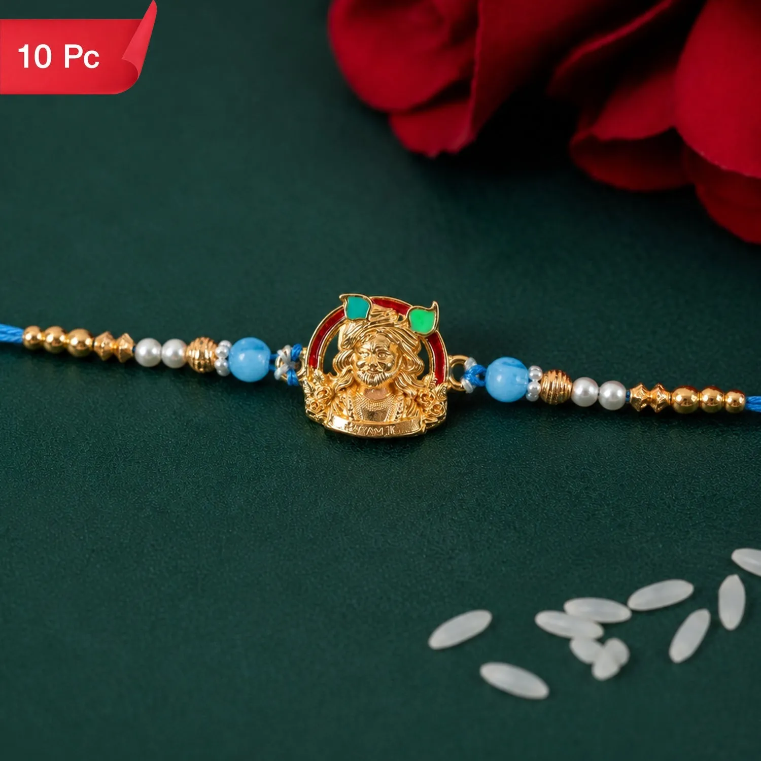 Premium Gold-Toned Khatu Shyam Rakhi with Blue and Pearl Beads for Raksha Bandhan (10pcs) - Buy Online at Alikart