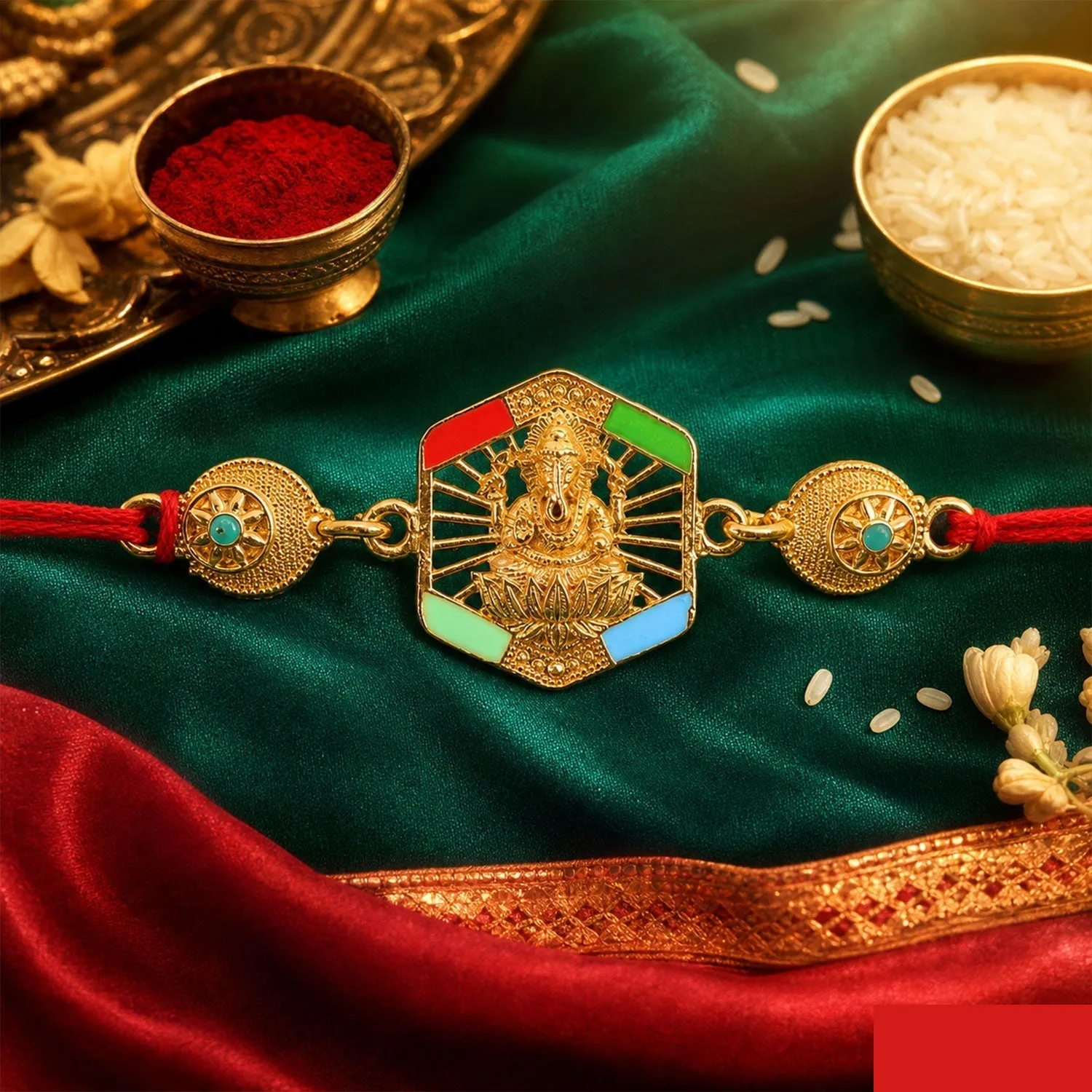 Gold-Toned Lord Ganesha Rakhi with Colorful Enamel for Raksha Bandhan (10pcs) - Detailed Feature View 2