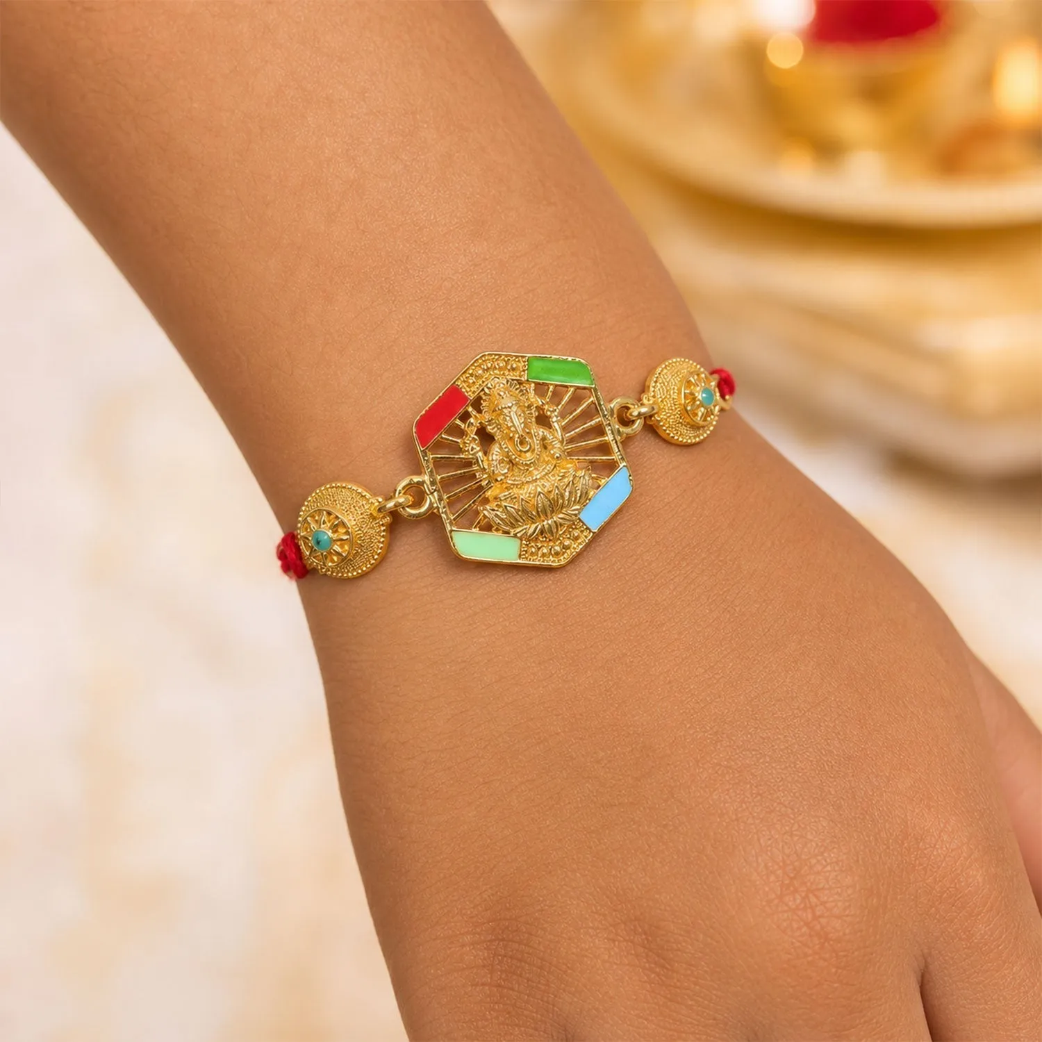 Gold-Toned Lord Ganesha Rakhi with Colorful Enamel for Raksha Bandhan (10pcs) - Detailed Feature View 3