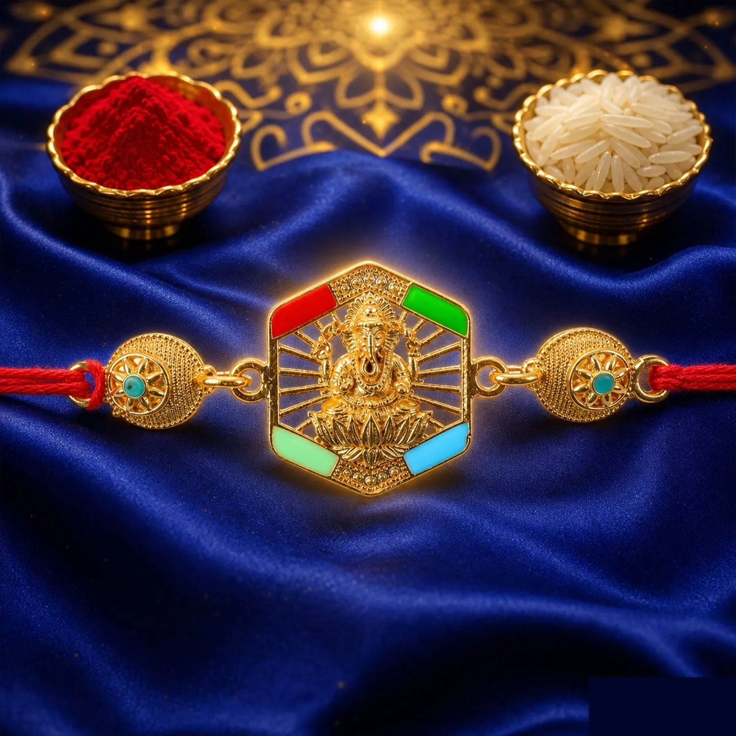 Gold-Toned Lord Ganesha Rakhi with Colorful Enamel for Raksha Bandhan (10pcs) - Detailed Feature View 4
