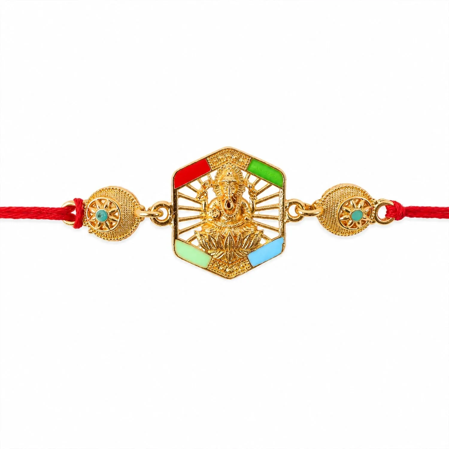 Gold-Toned Lord Ganesha Rakhi with Colorful Enamel for Raksha Bandhan (10pcs) - Detailed Feature View 5