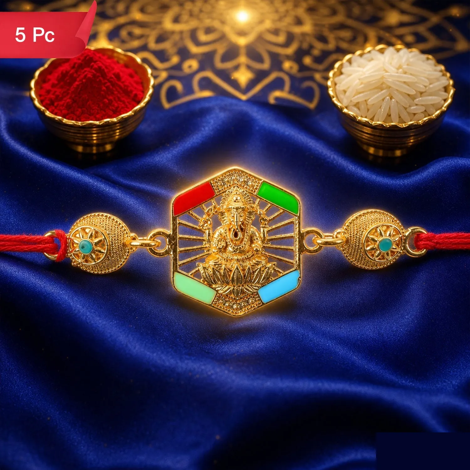Premium Gold-Toned Lord Ganesha Rakhi with Colorful Enamel for Raksha Bandhan (5pcs) - Buy Online at Alikart