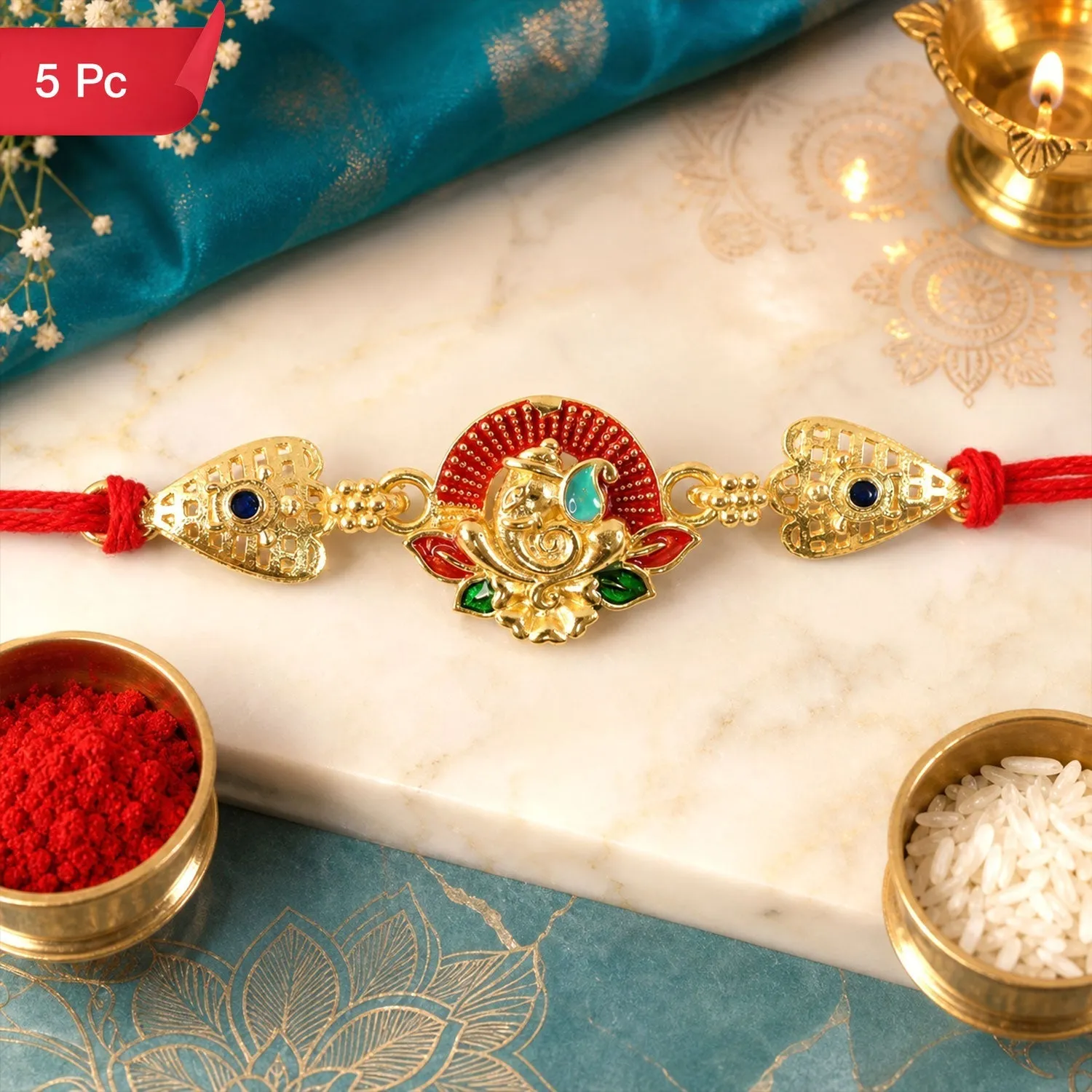 Premium Gold-Toned Lord Ganesha Rakhi with Lotus Enamel for Raksha Bandhan (5pcs) - Buy Online at Alikart