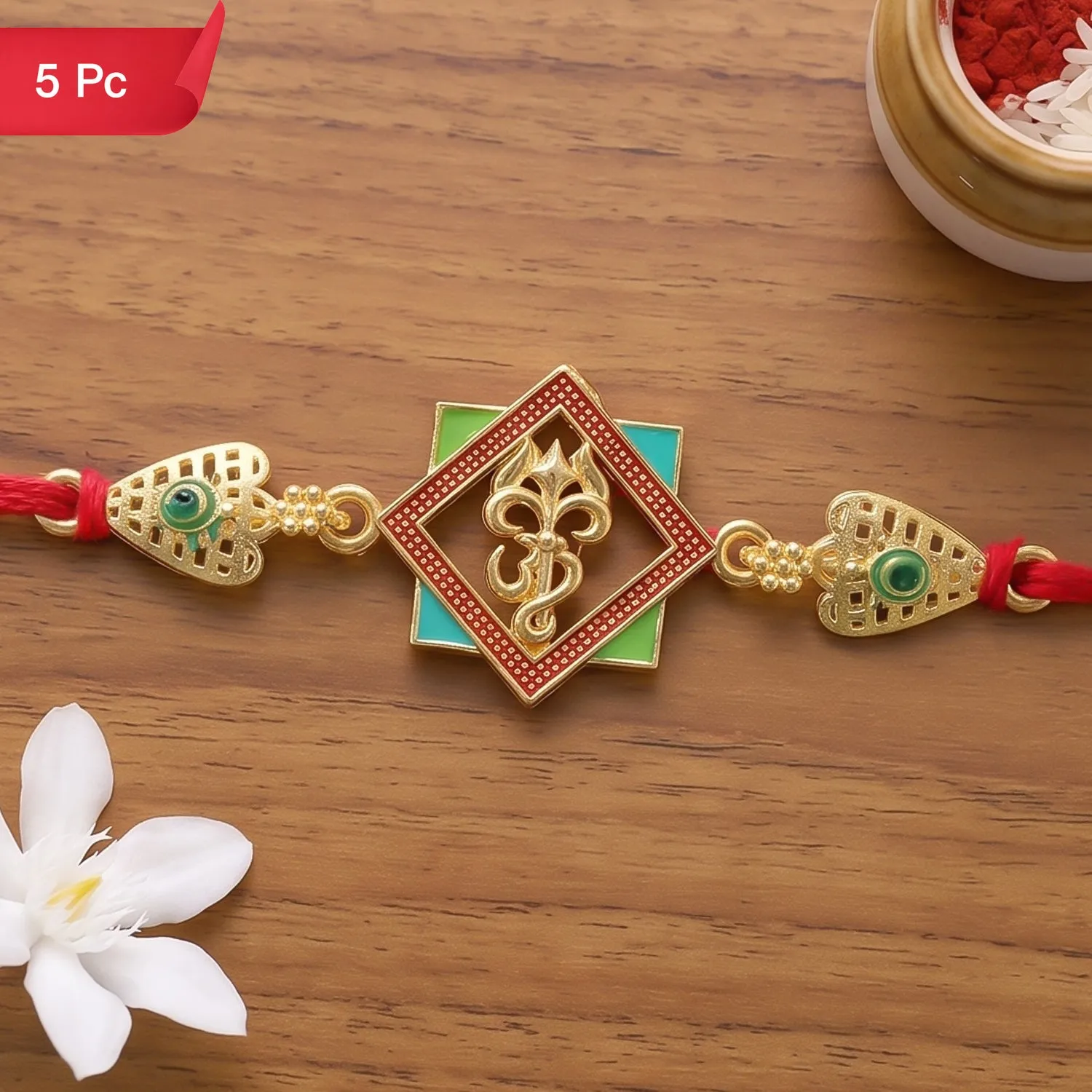Premium Gold-Toned Om Trishul Rakhi with Colorful Enamel for Raksha Bandhan (5pcs) - Buy Online at Alikart