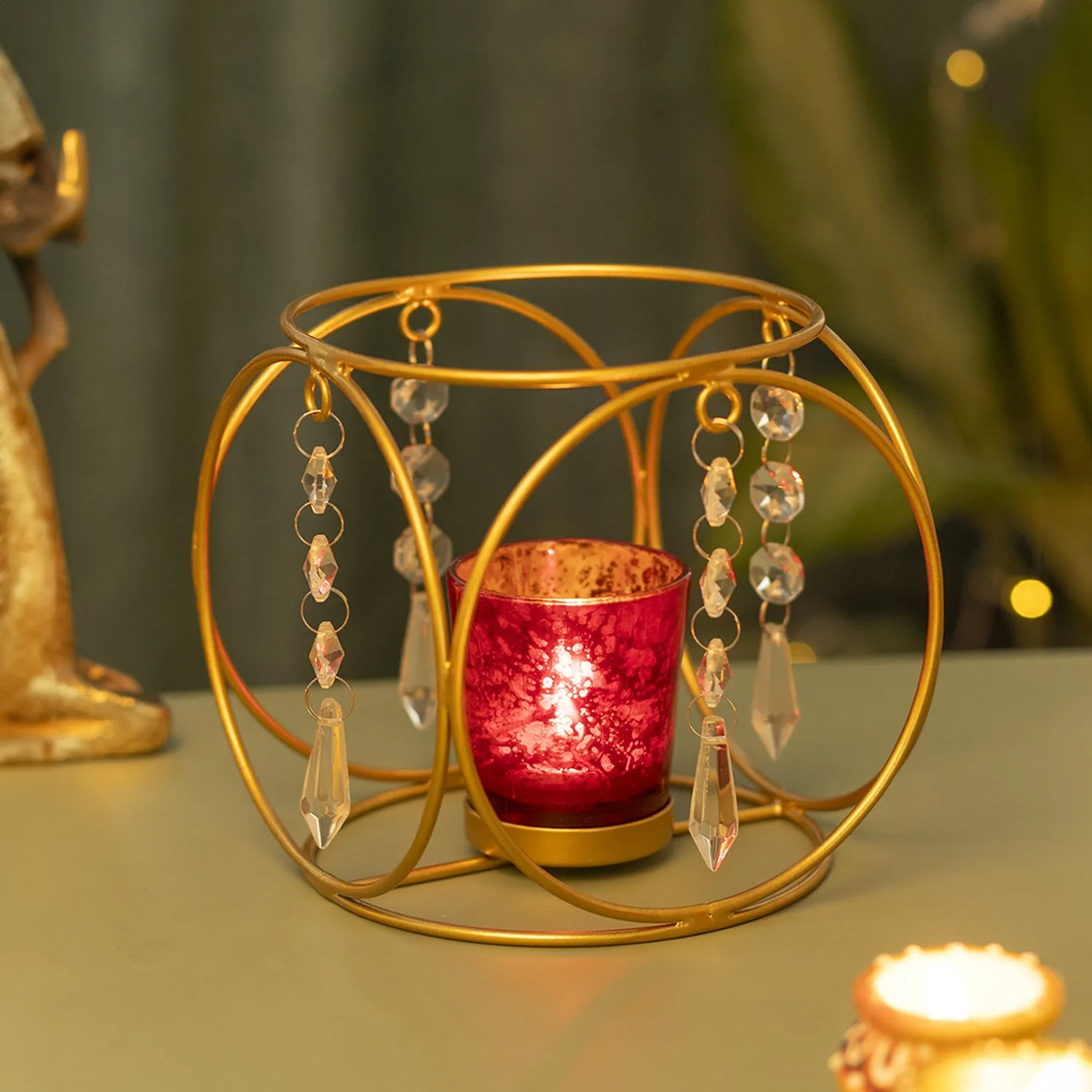 Golden Crystal Hanging T-Lite Holder - Detailed Feature View 1