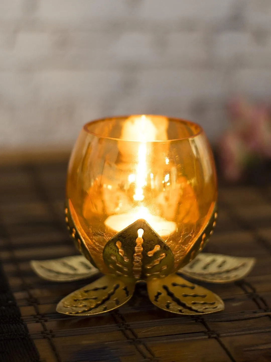 Golden Lotus Tea Light Holder - Detailed Feature View 1